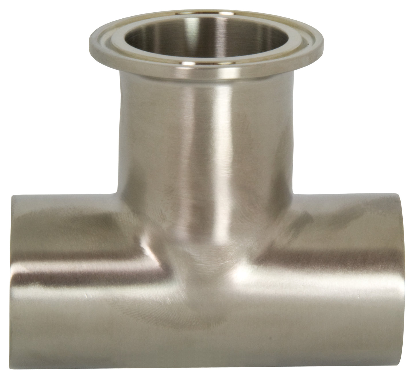 A stainless steel T-shaped pipe fitting with a flanged top connection, shown on a plain white background.