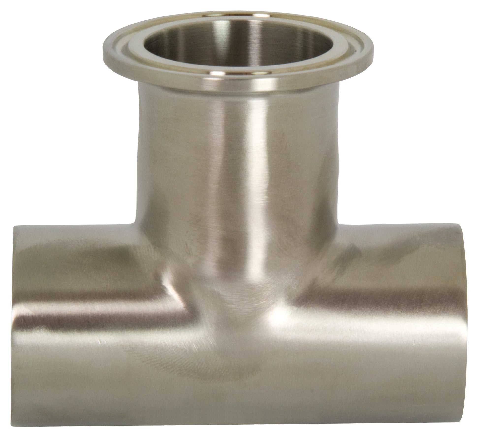 A stainless steel T-shaped pipe fitting with a flanged top connection, shown on a plain white background.